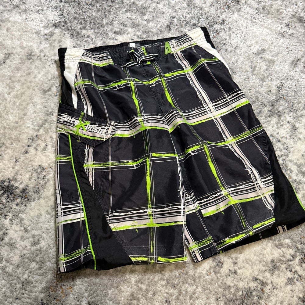 ZeroXposur Mens Board Shorts Black‎ Green Plaid Barbed Wire Swim Trunks M 10/12